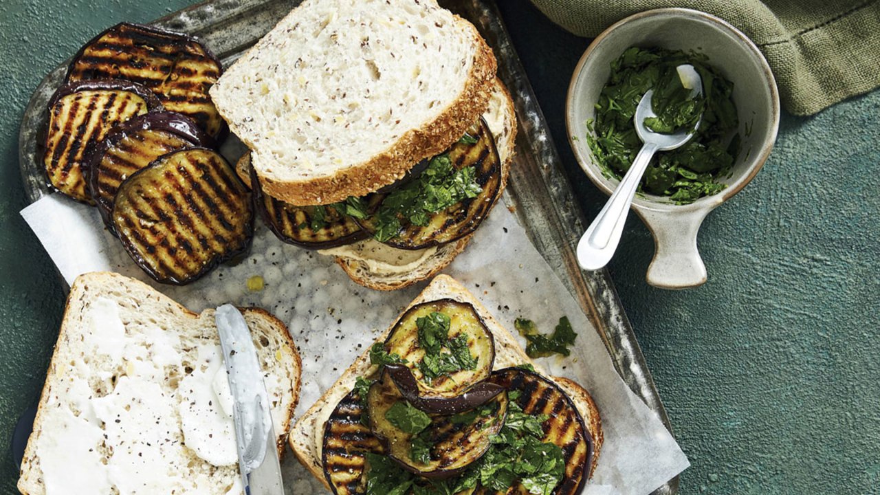 Lebanese-style eggplant sandwich with garlic dip